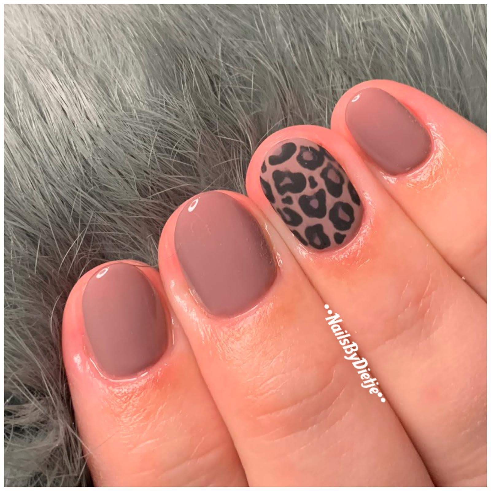 Korte matte mocha nagels met een luipaardaccent